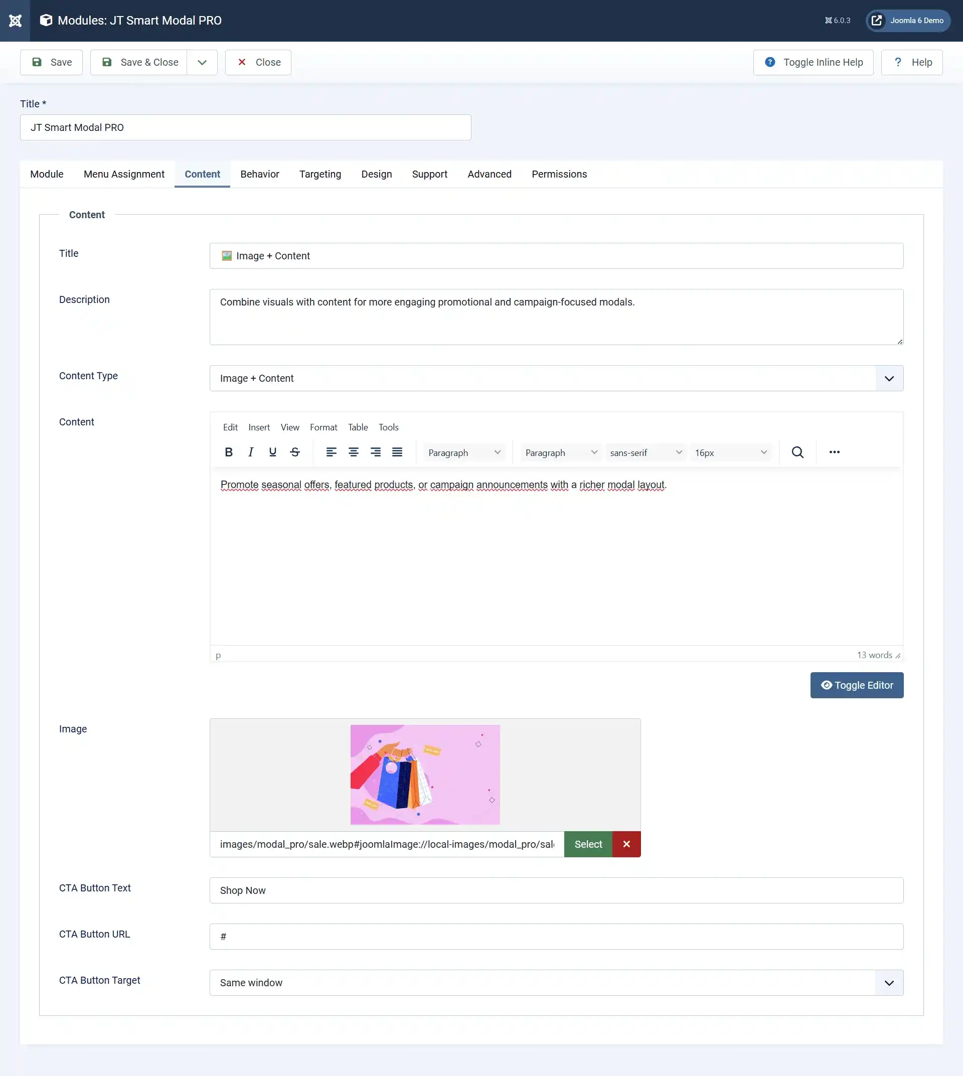 JT Smart Modal Pro Image and Content