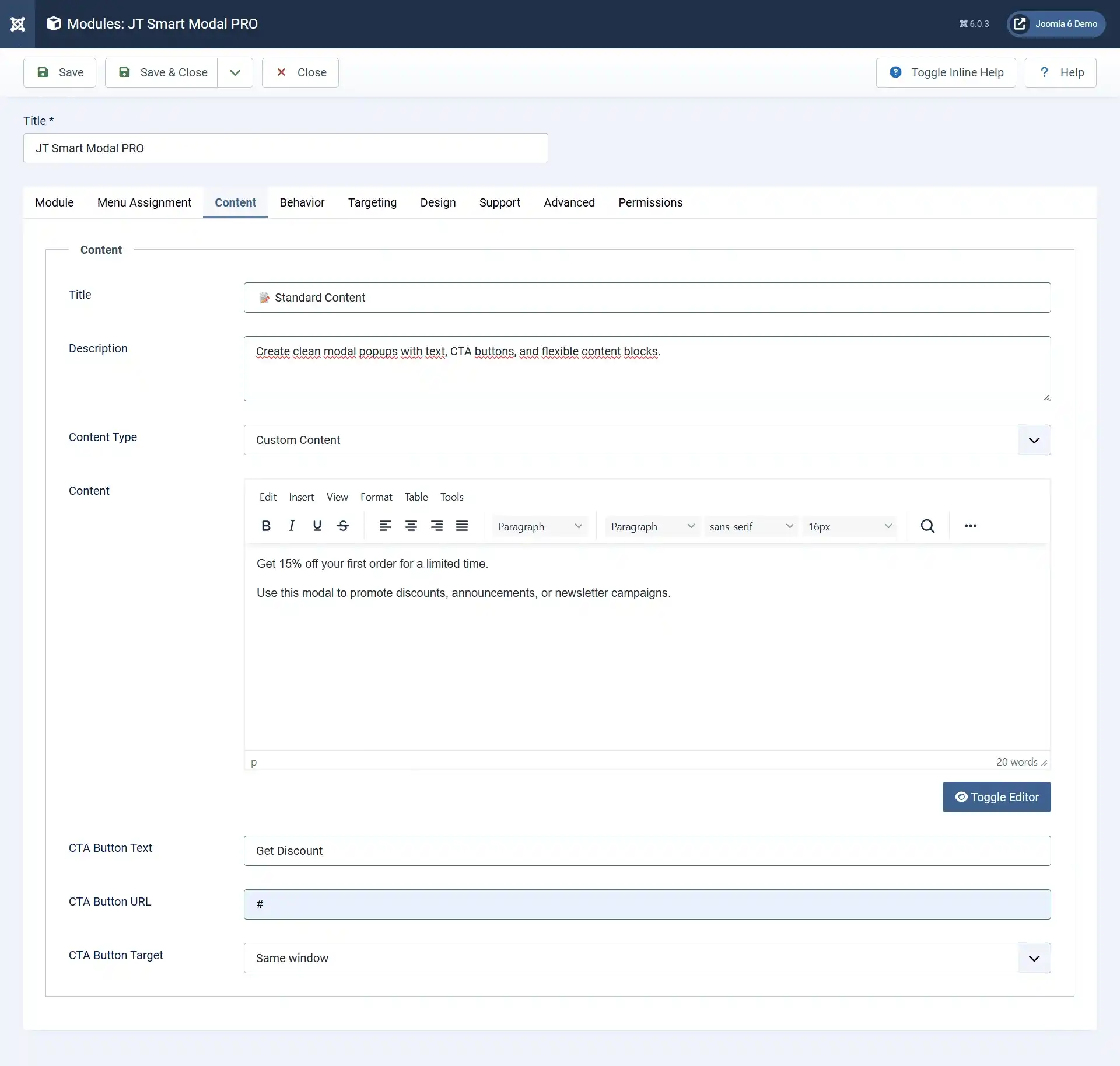 JT Smart Modal Pro Standard Content